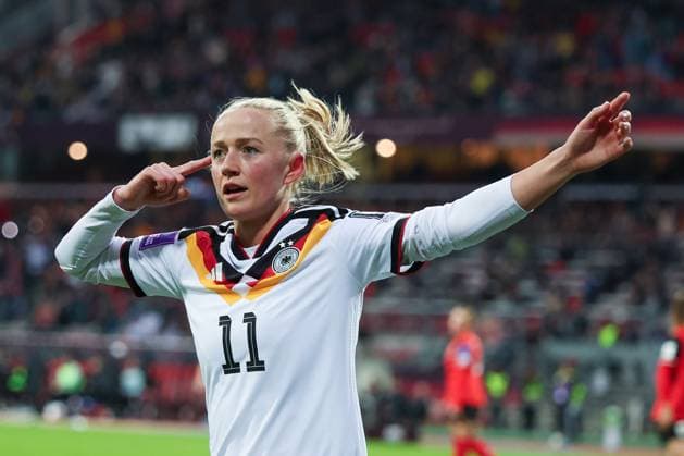 Lea Schueller 11 Germany celebrates after her goal for 5 1, Emotion, Joy, Germany vs Austria, DFB, Football, Women, Womens World Cup Qualification, Group stage, Group D, Matchday 3 of 6, Season 2025 26, 14 04 2026 Nuremberg Bavaria Germany Copyright: xkolbert-press MartinxAgüerax