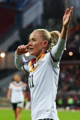 Lea Schueller 11 Germany celebrates after her goal for 5 1, Emotion, Joy, Germany vs Austria, DFB, Football, Women, Womens World Cup Qualification, Group stage, Group D, Matchday 3 of 6, Season 2025 26, 14 04 2026 Nuremberg Bavaria Germany Copyright: xkolbert-press MartinxAgüerax
