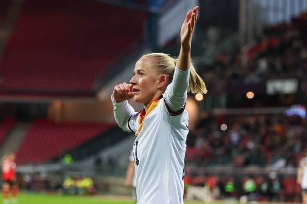 Lea Schueller 11 Germany celebrates after her goal for 5 1, Emotion, Joy, Germany vs Austria, DFB, Football, Women, Womens World Cup Qualification, Group stage, Group D, Matchday 3 of 6, Season 2025 26, 14 04 2026 Nuremberg Bavaria Germany Copyright: xkolbert-press MartinxAgüerax