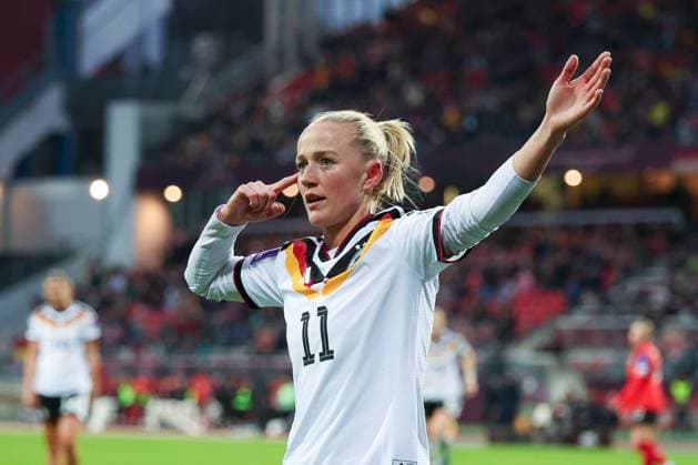 Lea Schueller 11 Germany celebrates after her goal for 5 1, Emotion, Joy, Germany vs Austria, DFB, Football, Women, Womens World Cup Qualification, Group stage, Group D, Matchday 3 of 6, Season 2025 26, 14 04 2026 Nuremberg Bavaria Germany Copyright: xkolbert-press MartinxAgüerax