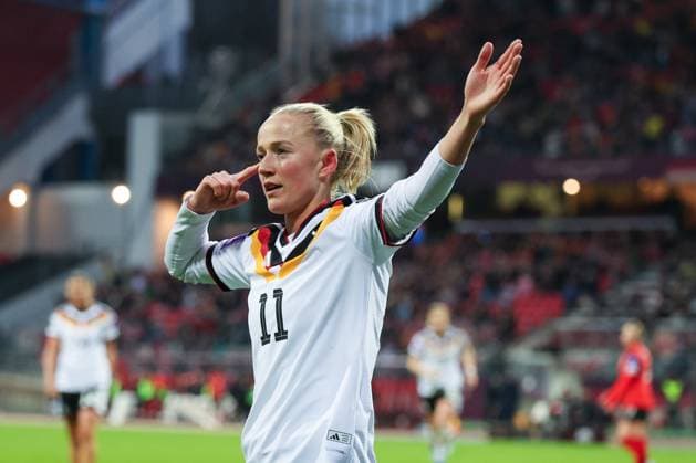 Lea Schueller 11 Germany celebrates after her goal for 5 1, Emotion, Joy, Germany vs Austria, DFB, Football, Women, Womens World Cup Qualification, Group stage, Group D, Matchday 3 of 6, Season 2025 26, 14 04 2026 Nuremberg Bavaria Germany Copyright: xkolbert-press MartinxAgüerax