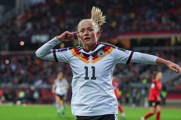 Lea Schueller 11 Germany celebrates after her goal for 5 1, Emotion, Joy, Germany vs Austria, DFB, Football, Women, Womens World Cup Qualification, Group stage, Group D, Matchday 3 of 6, Season 2025 26, 14 04 2026 Nuremberg Bavaria Germany Copyright: xkolbert-press MartinxAgüerax