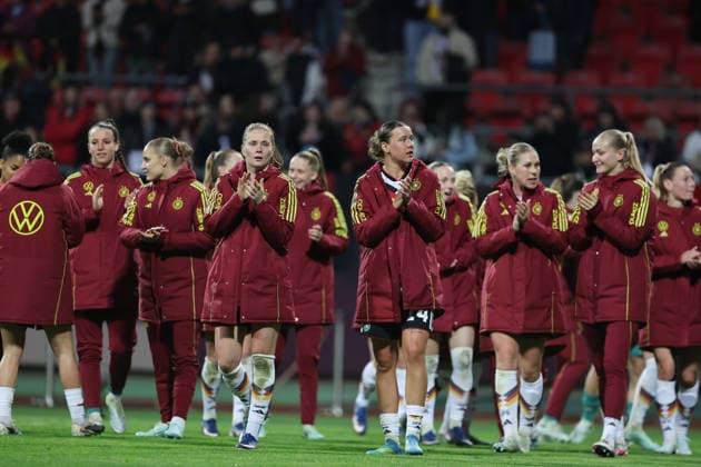 DFB Jubel am Ende , WM Frauen Qualifikation , Deutschland-Österreich , Fußball , Frauen , in den Max Morlock Stadion, in Nürnberg , Bayern , Deutschland. April 14 , 2026 . Photo by: Davide Elias IPA Photo Pressefoto DENL Copyright: xDavidexEliasx