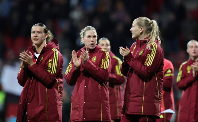 DFB Jubel am Ende , WM Frauen Qualifikation , Deutschland-Österreich , Fußball , Frauen , in den Max Morlock Stadion, in Nürnberg , Bayern , Deutschland. April 14 , 2026 . Photo by: Davide Elias IPA Photo Pressefoto DENL Copyright: xDavidexEliasx