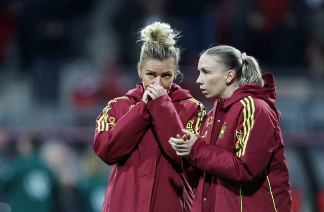 Dallmann - Senß , DFB Jubel am Ende , WM Frauen Qualifikation , Deutschland-Österreich , Fußball , Frauen , in den Max Morlock Stadion, in Nürnberg , Bayern , Deutschland. April 14 , 2026 . Photo by: Davide Elias IPA Photo Pressefoto DENL Copyright: xDavidexEliasx