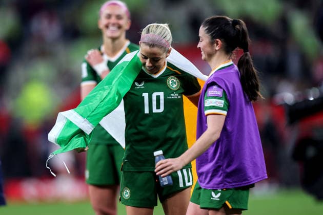 2027 FIFA Women s World Cup European Qualifiers, Polsat Plus Arena, Gdansk, Poland 14 4 2026 Poland vs Republic of Ireland WNT Ireland s Denise O Sullivan and Marissa Sheva celebrate after the match Denise O Sullivan and Marissa Sheva celebrate after the match 14 4 2026  Copyright: x INPHO RyanxByrnex RB1_8015