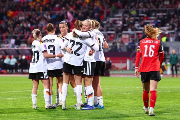 Jule Brand 22, Germany , with Team Germany goal for 4 0 in the match between Germany v Austria, Football, Women, Womens World Cup Qualification, 2025 2026, Matchday 3 on 14 04 2026 in Nuremberg, Max Morlock Stadion Bayern Germany