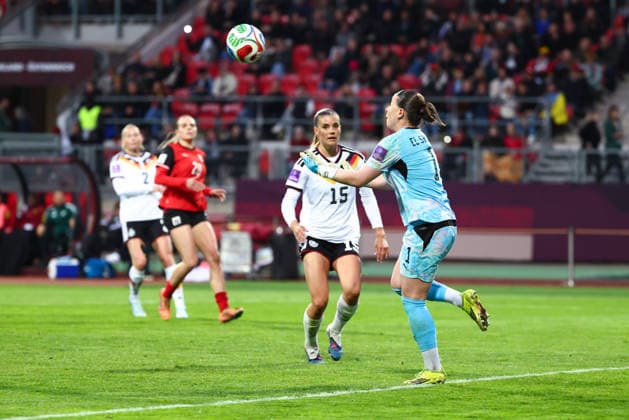 Mariella El Sherif 1, Austria in front of Selina Cerci 15, Germany during the match between Germany v Austria, Football, Women, Womens World Cup Qualification, 2025 2026, Matchday 3 on 14 04 2026 in Nuremberg, Max Morlock Stadion Bayern Germany