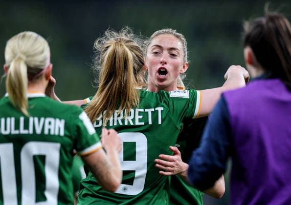 2027 FIFA Women s World Cup European Qualifiers, Polsat Plus Arena, Gdansk, Poland 14 4 2026 Poland vs Republic of Ireland WNT Ireland s Megan Connolly and Amber Barrett celebrate after the match Megan Connolly and Amber Barrett celebrate after the match 14 4 2026  Copyright: x INPHO RyanxByrnex RB1_6949