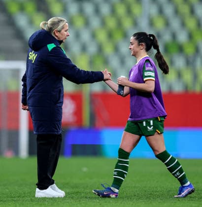 2027 FIFA Women s World Cup European Qualifiers, Polsat Plus Arena, Gdansk, Poland 14 4 2026 Poland vs Republic of Ireland WNT Ireland s Head Coach Carla Ward and Marissa Sheva celebrate after the match Carla Ward and Marissa Sheva celebrate after the match 14 4 2026  Copyright: x INPHO RyanxByrnex RB1_7242