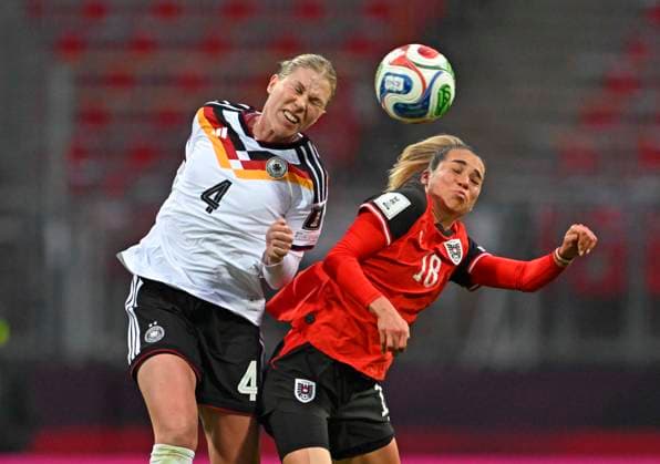 14 04 2026, World Cup Qualification Europe, Women 2026, Matchday 3, Germany Austria, at Max Morlock Stadium Nuremberg, f l Rebecca Knaak Germany vs Julia Hickelsberger Austria