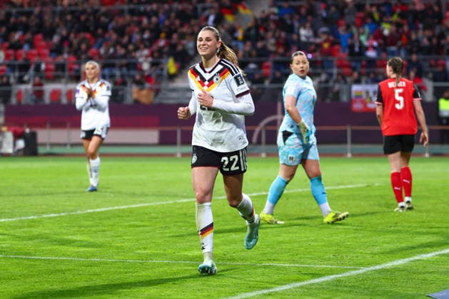 Jule Brand 22, Germany goal for 5 1 in the match between Germany v Austria, Football, Women, Womens World Cup Qualification, 2025 2026, Matchday 3 on 14 04 2026 in Nuremberg, Max Morlock Stadium Bayern Germany