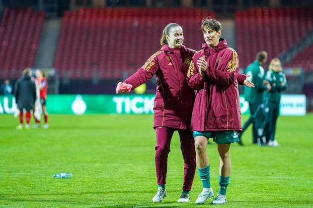 Stina Johannes 12 Germany and Ann Katrin Berger 1 Germany after the international match between Germany Austria on 14 04 2026 in Nuremberg Nuremberg Max Morlock Stadion Bayern Germany