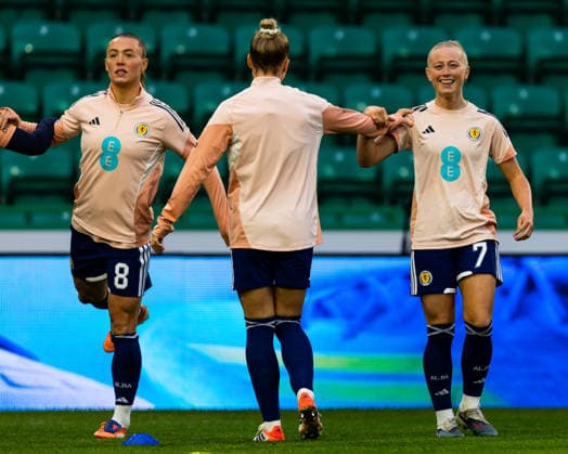 Scotland Women v Belgium Women, Women s World Cup Qualifier Miri Taylor (8 - Scotland) and Freya Gregory (7 - Scotland) warm up during the Women s World Cup Qualifier match between Scotland Women and Belgium Women at Easter Road, Edinburgh, UK on 14 April 2026. Editorial use only , Copyright: xRaymondxDaviesx PSI-24059-0002
