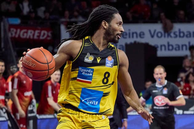 German Basketball Bundesliga BBL , FC Bayern Munich Basketball vs MHP RIESEN Ludwigsburg, Munich FC Bayern Basketball, Ludwigsburg MHP RIESEN, 2026 04 14 in Munich SAP Garden HARRIS Terrell MHP RIESEN Ludwigsburg Shooting Guard SG Nr8 LUD8 sportworld Munich SAP Garden Bayern Germany