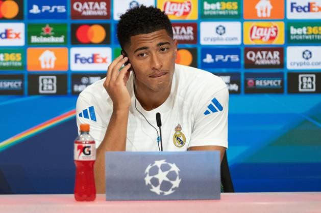 Jude Bellingham 5 (Real Madrid) bei der Pressekonferenz vor dem Spiel, FC Bayern Muenchen vs Real Madrid, Fussball, Champions League, Viertelfinale, 14.04.2026, Muenchen Bayern Deutschland *** Jude Bellingham 5 Real Madrid at the pre-match press conference, FC Bayern Muenchen vs Real Madrid, Football, Champions League, Quarter-final, 14 04 2026, Muenchen Bayern Germany Copyright: xkolbert-press MarkusxVerwimpx