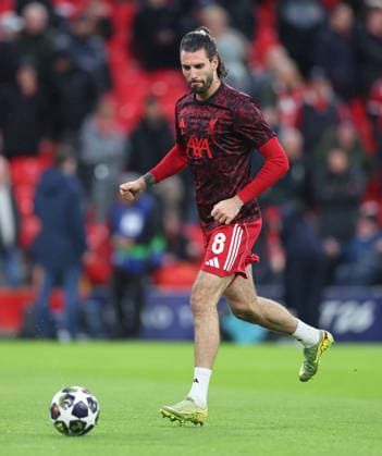 Liverpool, England, 14th April 2026. Dominik Szoboszlai of Liverpool warms up before the Liverpool vs Paris Saint Germain UEFA Champions League quarter final 2nd leg match at Anfield, Liverpool. Picture credit should read: Jessica Hornby Sportimage EDITORIAL USE ONLY. No use with unauthorised audio, video, data, fixture lists, club league logos or live services. Online in-match use limited to 120 images, no video emulation. No use in betting, games or single club league player publications. SPI_039_JH_Liverpool_PSG SPI-4687-0038