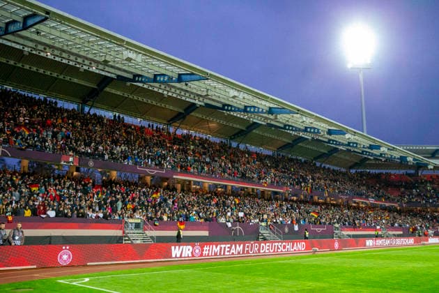 GER, nuremburg, football, womens football, womens world cup qualifiers, matchday 3, Germany vs. Austria in picture f.l.: Stadion, view, fans, crowd after the match , flood lights 14.04.2026, Max-Morlock Stadium Nuremberg DFB REGULATIONS PROHIBIT ANY USE OF PHOTOGRAPHS AS IMAGE SEQUENCES AND OR QUASI-VIDEO, Nuremberg Max-Morlock Stadium Bavaria Germany Copyright: xPaulxFritzx