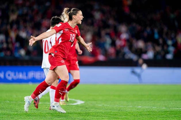 ZURICH, SWITZERLAND - APRIL 14: Viola Calligaris (18 Switzerland) celebrating after scoring teams third goal during the UEFA Womens European Qualifiers for 2027 FIFA Womens World Cup match between Switzerland and Turkey at Letzigrund Stadium on April 14, 2026 in Zurich Switzerland. Copyright: xPriscilaxBütlerx xSPPx Sportspressphoto_SPR129243