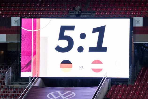 NUREMBERG, GERMANY - APRIL 14: Final score 5:1 during the FIFA Women™s World Cup 2027 UEFA Qualifiers match between Germany vs. Austria at Frankenstadion Max-Morlock-Stadion on April 14, 2026 in Nuremberg, Germany. Bavaria Germany Copyright: xSteffiexWunderlx