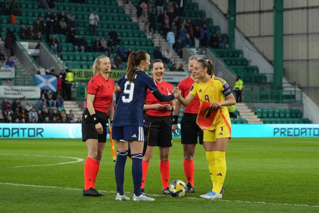 RECORD DATE NOT STATED 14th April 2026; Easter Road, Edinburgh, Scotland; Womens World Cup Qualifier Football, Scotland versus Belgium; Caroline Weir of Scotland and Tessa Wullaert of Belgium shake hands ahead of kick off AlecxBrown