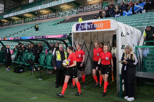 RECORD DATE NOT STATED 14th April 2026; Easter Road, Edinburgh, Scotland; Womens World Cup Qualifier Football, Scotland versus Belgium; officials walk out of the tunnel with players ahead of kick off AlecxBrown