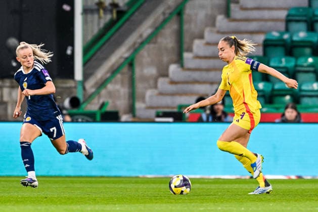 SOCCER WOMEN UEFA QUALIFIERS B4 MD3 SCOTLAND VS BELGIUM Tessa Wullaert (9) of Belgium pictured during a women football game between the national teams of Scotland and Belgium , called the Red Flames , on the third match day in League B Group B4 in the league stage of the 2026-27 UEFA Women s European Qualifiers competition , on Tuesday 14 April 2026 in Edinburgh , Scotland . PHOTO SPORTPIX Stijn Audooren Edinburgh Easter Road Stadium Scotland  Copyright: xSportpix.bex xStijnxAudoorenxStijnxAudoorenx