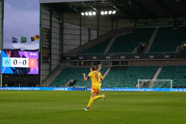 RECORD DATE NOT STATED 14th April 2026; Easter Road, Edinburgh, Scotland; Womens World Cup Qualifier Football, Scotland versus Belgium; Tessa Wullaert of Belgium celebrates the opening goal of the match, 1-0 Belgium AlecxBrown