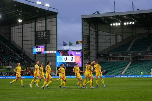 RECORD DATE NOT STATED 14th April 2026; Easter Road, Edinburgh, Scotland; Womens World Cup Qualifier Football, Scotland versus Belgium; Belgium players celebrate Sari Kees of Belgium opening the scoring to make it 1-0 to Belgium in the 16th minute AlecxBrown