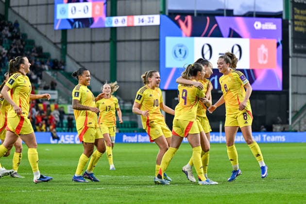 SOCCER WOMEN UEFA QUALIFIERS B4 MD3 SCOTLAND VS BELGIUM Sari Kees (2) of Belgium scores 0-1 and Belgium celebrate during a women football game between the national teams of Scotland and Belgium , called the Red Flames , on the third match day in League B Group B4 in the league stage of the 2026-27 UEFA Women s European Qualifiers competition , on Tuesday 14 April 2026 in Edinburgh , Scotland . PHOTO SPORTPIX Stijn Audooren Edinburgh Easter Road Stadium Scotland  Copyright: xSportpix.bex xStijnxAudoorenxStijnxAudoorenx