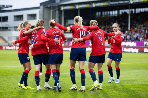 LILLESTROM, NORWAY - APRIL 14: Players of Norway celebrates after scoring during the FIFA Womens World Cup 2027 Qualifier match between Norway and Slovenia at Arasen Stadium on April 14, 2026 in Lillestrom, Norway. (Photo by Ane Frosaker Sports Press Photo) Copyright: xAnexFrosakerx xSPPx Sportspressphoto_SPR129264