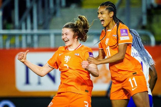 BREDA , 14-04-2026 , Rat Verlegh Stadion , Season 2025 2026 , Dutch UEFA worldcup qualification football , match between The Netherlands and France (women) , picture shows 1-0 Netherlands player Renee Van Asten Netherlands - France (women)  x203044744x Copyright: