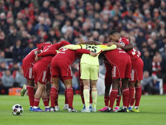 Liverpool, England, 14th April 2026. Liverpool pre match huddle during the Liverpool vs Paris Saint Germain UEFA Champions League quarter final 2nd leg match at Anfield, Liverpool. Picture credit should read: Jessica Hornby Sportimage EDITORIAL USE ONLY. No use with unauthorised audio, video, data, fixture lists, club league logos or live services. Online in-match use limited to 120 images, no video emulation. No use in betting, games or single club league player publications. SPI_047_JH_Liverpool_PSG SPI-4687-0046