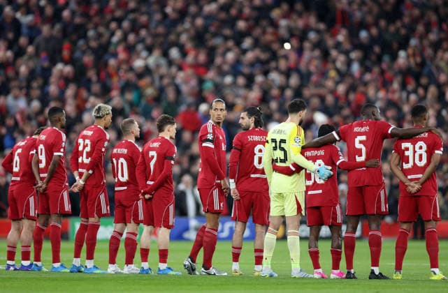Liverpool, England, 14th April 2026. Virgil van Dijk of Liverpool looks towards the Kop during the Hillsborough minutes silence during the Liverpool vs Paris Saint Germain UEFA Champions League quarter final 2nd leg match at Anfield, Liverpool. Picture credit should read: Jessica Hornby Sportimage EDITORIAL USE ONLY. No use with unauthorised audio, video, data, fixture lists, club league logos or live services. Online in-match use limited to 120 images, no video emulation. No use in betting, games or single club league player publications. SPI_051_JH_Liverpool_PSG SPI-4687-0050