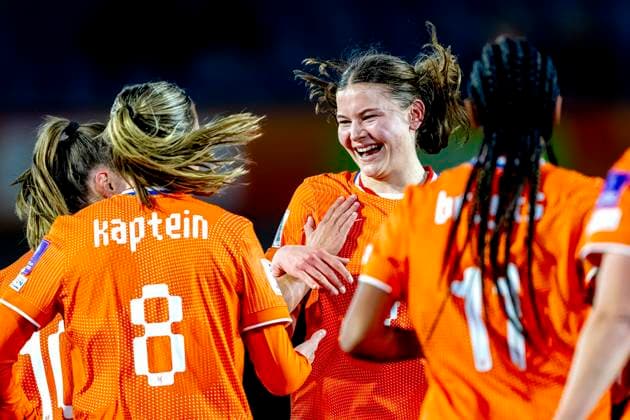 BREDA Netherlands player Renee van Asten scores the 1 0 and celebrates her goal during the European qualifying match between the Netherlands and France at Rat Verlegh Stadium on April 14 in Breda, the Netherlands Photo by DeFodi Images