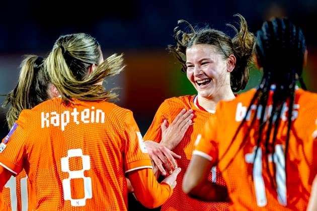 BREDA Netherlands player Renee van Asten scores the 1 0 and celebrates her goal during the European qualifying match between the Netherlands and France at Rat Verlegh Stadium on April 14 in Breda, the Netherlands Photo by DeFodi Images