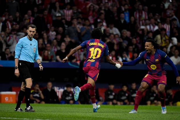 UEFA Champions League Quarter Finals Atletico Madrid v Barcelona Lamine Yamal of FC Barcelona, Barca celebrate his goal during the UEFA Champions League Quarter Finals match Atletico Madrid vs Barcelona at Riyadh Air Metropolitano, Madrid, Spain on 14 April 2026 (Photo by Samuel Carreno News Images) Madrid Riyadh Air Metropolitano Madrid Spain Copyright: xSamuelxCarreno NewsxImagesx