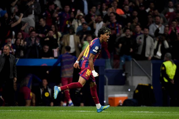UEFA Champions League Quarter Finals Atletico Madrid v Barcelona Lamine Yamal of FC Barcelona, Barca celebrate his goal during the UEFA Champions League Quarter Finals match Atletico Madrid vs Barcelona at Riyadh Air Metropolitano, Madrid, Spain on 14 April 2026 (Photo by Samuel Carreno News Images) Madrid Riyadh Air Metropolitano Madrid Spain Copyright: xSamuelxCarreno NewsxImagesx