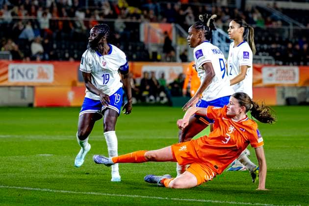BREDA Netherlands player Renee van Asten scores the 1 0 during the European qualifying match between the Netherlands and France at Rat Verlegh Stadium on April 14 in Breda, the Netherlands Photo by DeFodi Images