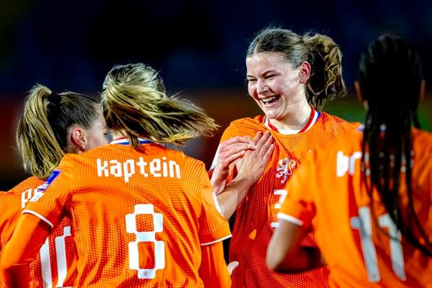 BREDA Netherlands player Renee van Asten scores the 1 0 and celebrates her goal during the European qualifying match between the Netherlands and France at Rat Verlegh Stadium on April 14 in Breda, the Netherlands Photo by DeFodi Images