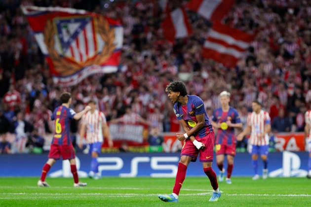 UEFA champions league - Atletico de Madrid vs FC Barcelona, Barca MADRID,SPAIN - 14 April:Lamine Yamal of FC Barcelona celebrates a goal during the UEFA Champions League 2025 26 Quarter-Final second Leg match between Atletico de Madrid and FC Barcelona at Riyadh Air Metropolitano Stadium. (Photo by Guille Martinez f22photo) Madrid Riyadh Air Metropolitano Stadium Spain Copyright: xGuillermoxMartinezx