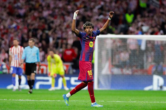 UEFA champions league - Atletico de Madrid vs FC Barcelona, Barca MADRID,SPAIN - 14 April:Lamine Yamal of FC Barcelona celebrates a goal during the UEFA Champions League 2025 26 Quarter-Final second Leg match between Atletico de Madrid and FC Barcelona at Riyadh Air Metropolitano Stadium. (Photo by Guille Martinez f22photo) Madrid Riyadh Air Metropolitano Stadium Spain Copyright: xGuillermoxMartinezx
