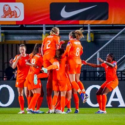 Renee van Asten of the Netherlands celebrates with teammates after scoring her teams first goal Netherlands v France, FIFA Women s World Cup 2027 Qualifier, Netherlands v France, Rat Verlegh Stadion, April 14, 2026, Breda, Netherlands.
