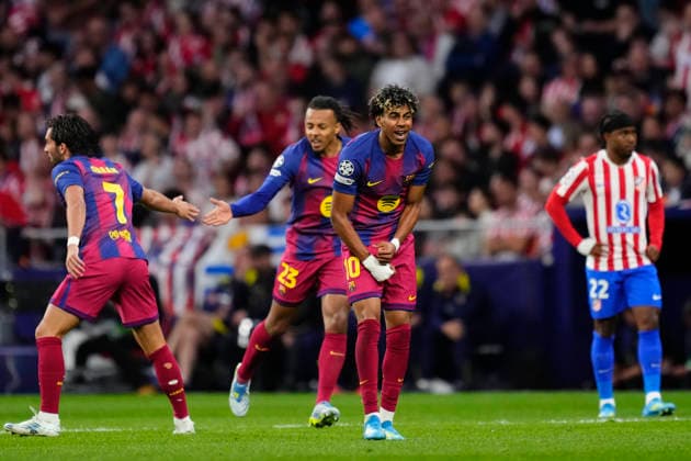 Atletico de Madrid v FC Barcelona, Barca - UEFA Champions League 2025 26 Quarter-Final Second Leg Lamine Yamal right winger of Barcelona and Spain celebrates the goal of his team during the UEFA Champions League 2025 26 Quarter-Final Second Leg match between Club AtlÃ tico de Madrid and FC Barcelona at Estadio Riyadh Air Metropolitano on April 14, 2026 in Madrid, Spain. Madrid Spain  Copyright: xJosexBretonx originalFilename:bretonhernandez-atletico260414_npCW0.jpg