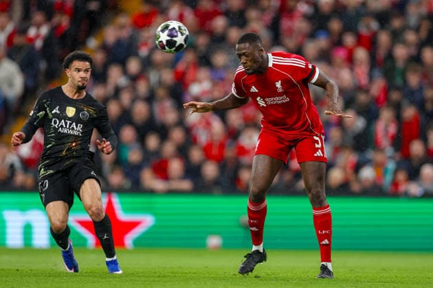Football - UEFA Champions League - Quarter-Final - 2nd Leg - Liverpool FC v Paris Saint-Germain FC LIVERPOOL, ENGLAND - Tuesday, April 14, 2026: Liverpool s Ibrahima KonatÃ heads the ball during the UEFA Champions League Quarter-Final 2nd Leg match between Liverpool FC and Paris Saint-Germain FC at Anfield. (Photo by David Rawcliffe Propaganda) LIVERPOOL Anfield MERSEYSIDE ENGLAND  Copyright: xDavidxRawcliffex P2026-04-14-Liverpool_PSG-48