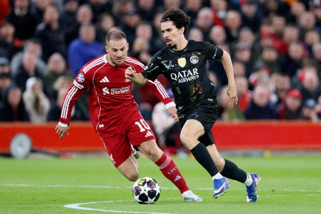 Liverpool FC v Paris Saint-Germain FC - UEFA Champions League 2025 26 Quarter-Final Second Leg Alexis Mac Allister of Liverpool and Vitinha of Paris Saint-Germain challenge during the UEFA Champions League 2025 26 Quarter-Final Second Leg match between Liverpool FC and Paris Saint-Germain FC at Anfield on April 14, 2026 in Liverpool, England. WARNING! This Photograph May Only Be Used For Newspaper And Or Magazine Editorial Purposes. May Not Be Used For Publications Involving 1 player, 1 Club Or 1 Competition Without Written Authorisation From Football DataCo Ltd. For Any Queries, Please Contact Football DataCo Ltd on +44 (0) 207 864 9121 Liverpool Anfield England United Kingdom Copyright: xAllstarxPicturexLibraryxLtdx