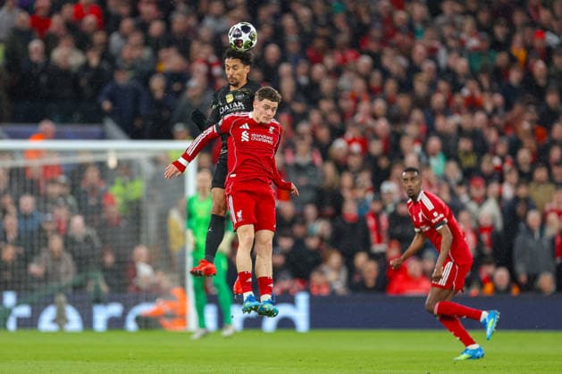 Football - UEFA Champions League - Quarter-Final - 2nd Leg - Liverpool FC v Paris Saint-Germain FC LIVERPOOL, ENGLAND - Tuesday, April 14, 2026: Liverpool s Florian Wirtz challenges for a header during the UEFA Champions League Quarter-Final 2nd Leg match between Liverpool FC and Paris Saint-Germain FC at Anfield. (Photo by David Rawcliffe Propaganda) LIVERPOOL Anfield MERSEYSIDE ENGLAND  Copyright: xDavidxRawcliffex P2026-04-14-Liverpool_PSG-52