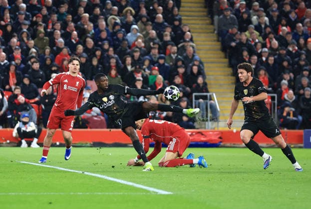 Liverpool, England, 14th April 2026. Dembele Ousmane of Paris Saint-Germain takes a shot on goal during the Liverpool vs Paris Saint Germain UEFA Champions League quarter final 2nd leg match at Anfield, Liverpool. Picture credit should read: Jessica Hornby Sportimage EDITORIAL USE ONLY. No use with unauthorised audio, video, data, fixture lists, club league logos or live services. Online in-match use limited to 120 images, no video emulation. No use in betting, games or single club league player publications. SPI_058_JH_Liverpool_PSG SPI-4687-0058