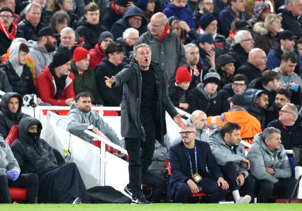Liverpool, England, 14th April 2026. Luis Enrique coach of Paris St Germain during the Liverpool vs Paris Saint Germain UEFA Champions League quarter final 2nd leg match at Anfield, Liverpool. Picture credit should read: Jessica Hornby Sportimage EDITORIAL USE ONLY. No use with unauthorised audio, video, data, fixture lists, club league logos or live services. Online in-match use limited to 120 images, no video emulation. No use in betting, games or single club league player publications. SPI_060_JH_Liverpool_PSG SPI-4687-0060