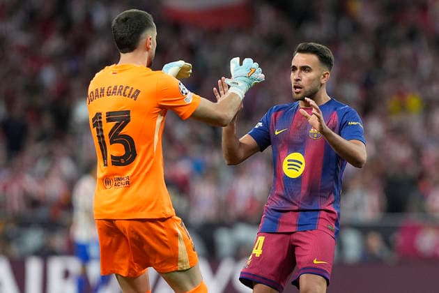 ATLETICO DE MADRID v FC Barcelona, Barca CHAMPIONS LEAGUE 2025 2026. QUARTER-FINALS 2ND LEG MATCH. FC Barcelona s Joan Garcia and Eric Garcia celebrate goal during Champions League 2025 2026, Quarter-finals 2nd leg match. April 14 ,2026. (ALTERPHOTOS Acero) MadridSpain  Copyright: xAcerox